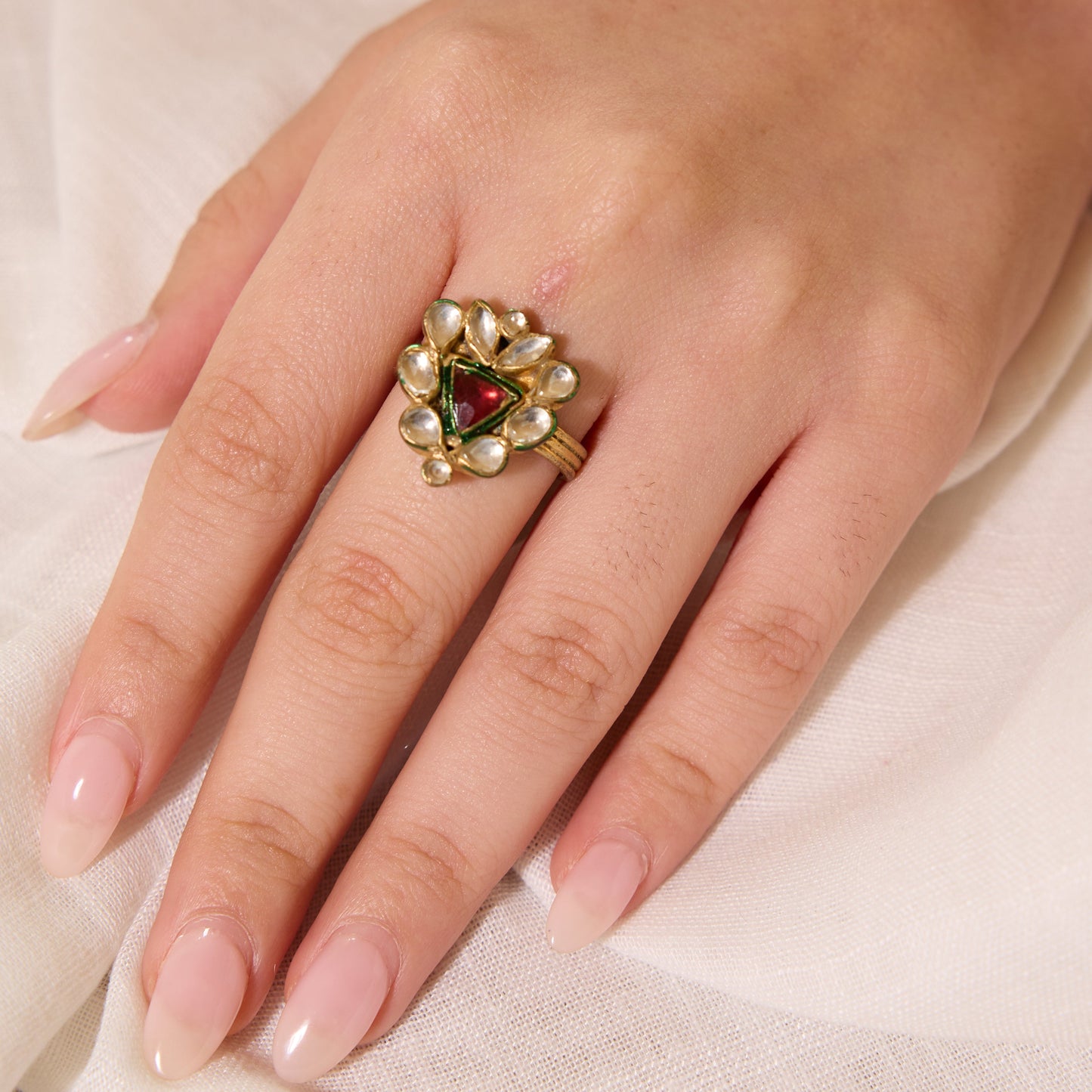 Ruby Accent Polki Floral Ring