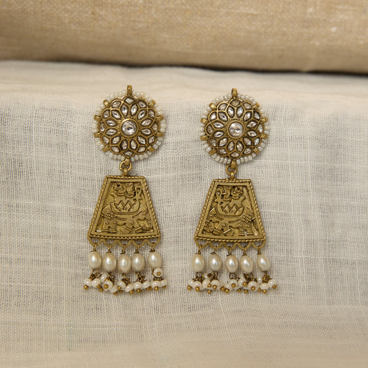 Antique Gold Finish Temple Carved Pearl Drop Earrings