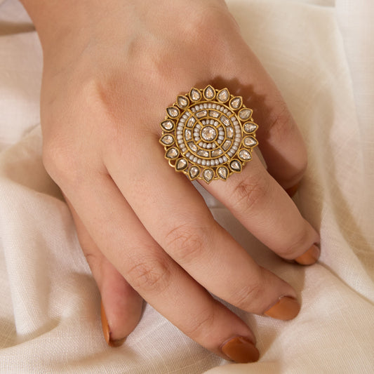 Pearl & Polki Mandala Gold Tone Ring