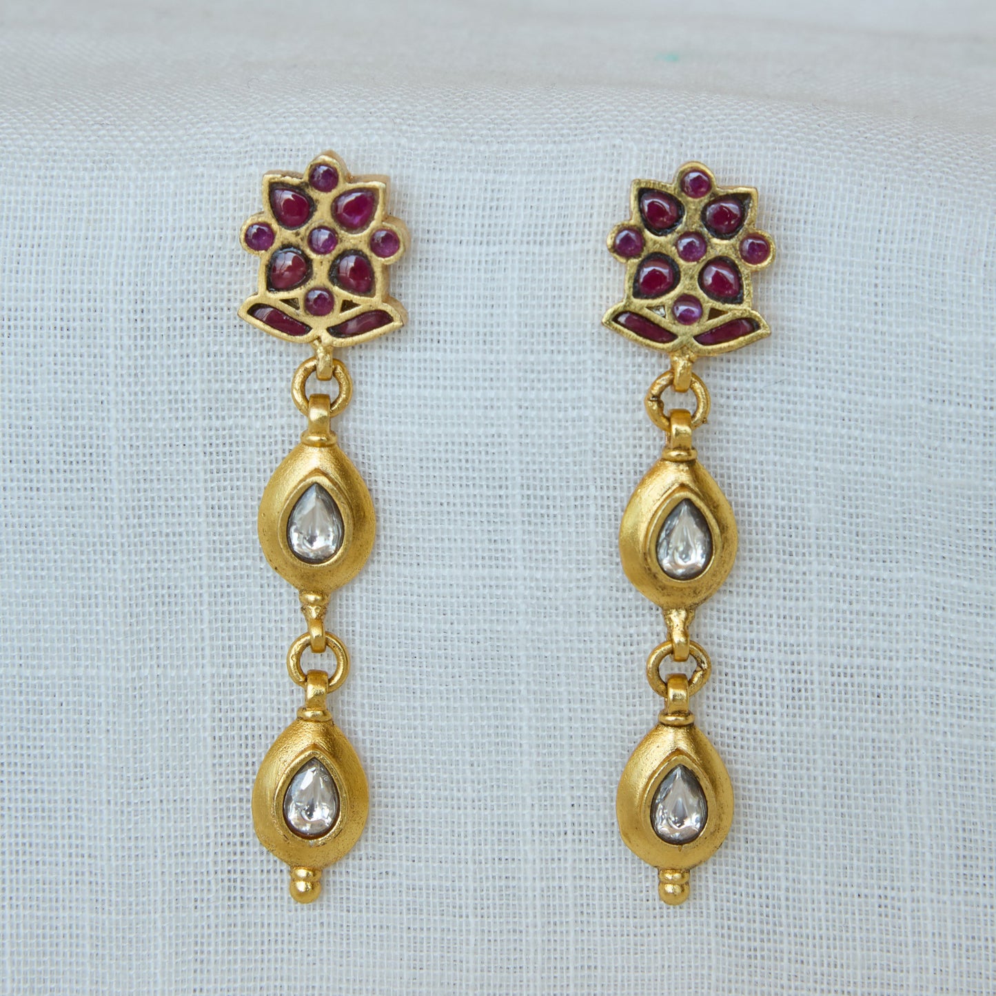 Ruby Floral Drop Antique Gold Earrings