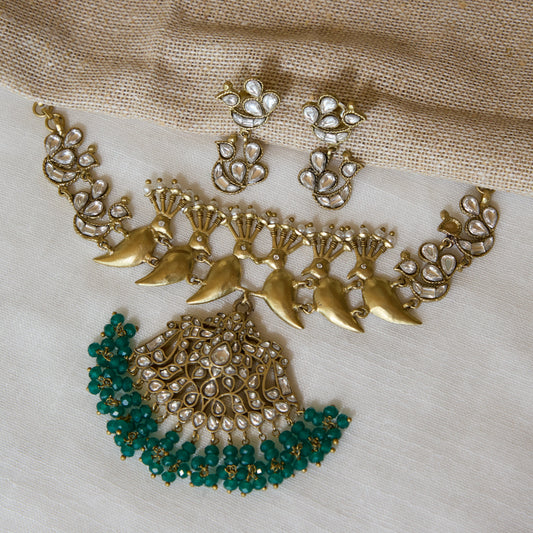 Bird Motif Temple Statement Necklace and Earrings Set