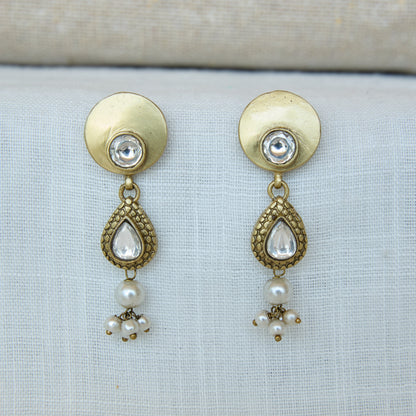 Antique Gold Finish Polki Pearl Drop Earrings