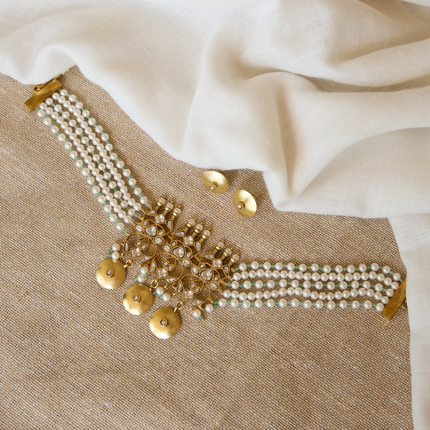 Multi Strand Pearl Polki Choker Necklace and Earrings Set