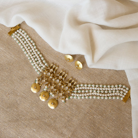 Multi Strand Pearl Polki Choker Necklace and Earrings Set