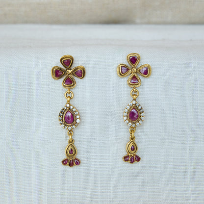 Antique Gold Finish Ruby Stone Drop Earrings