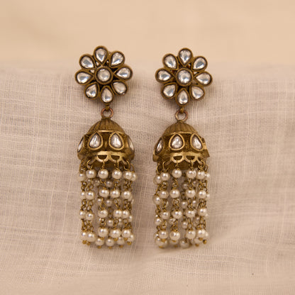 Polki Pearl Tassel Jhumka Earrings
