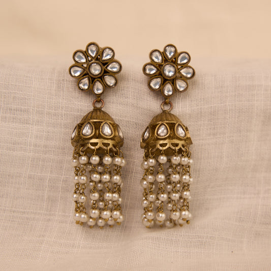 Polki Pearl Tassel Jhumka Earrings