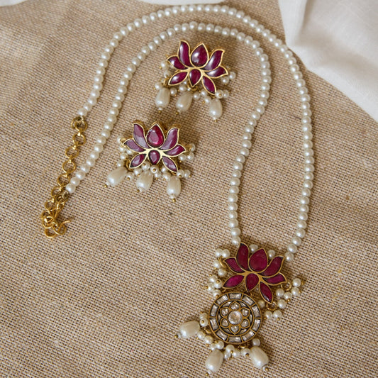 Lotus Polki Pearl Necklace and Earrings Set