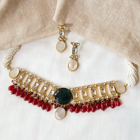 Polki Red Bead Statement Choker Set