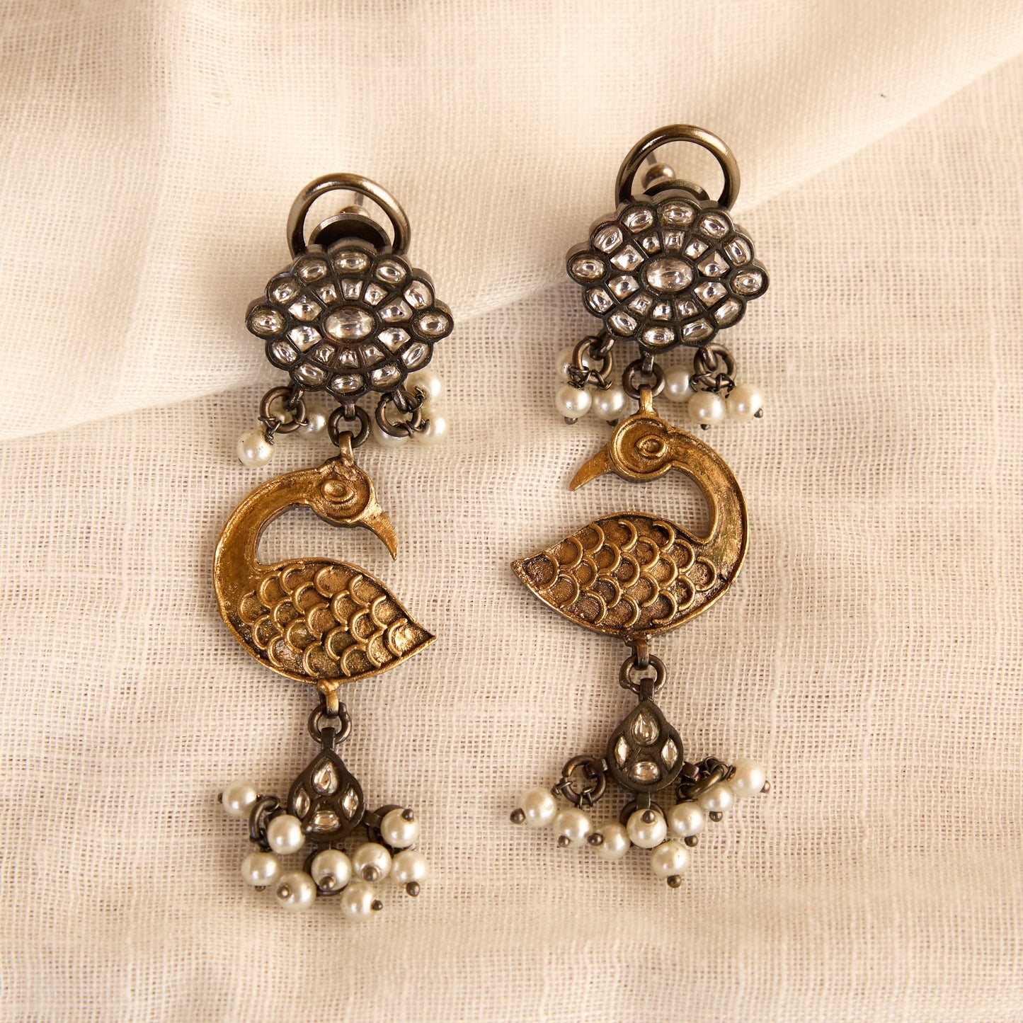 Polki Swan Pearl Drop Earrings