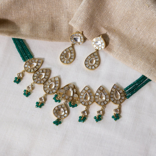 Mother of Pearl Emerald Bead Statement Necklace Set