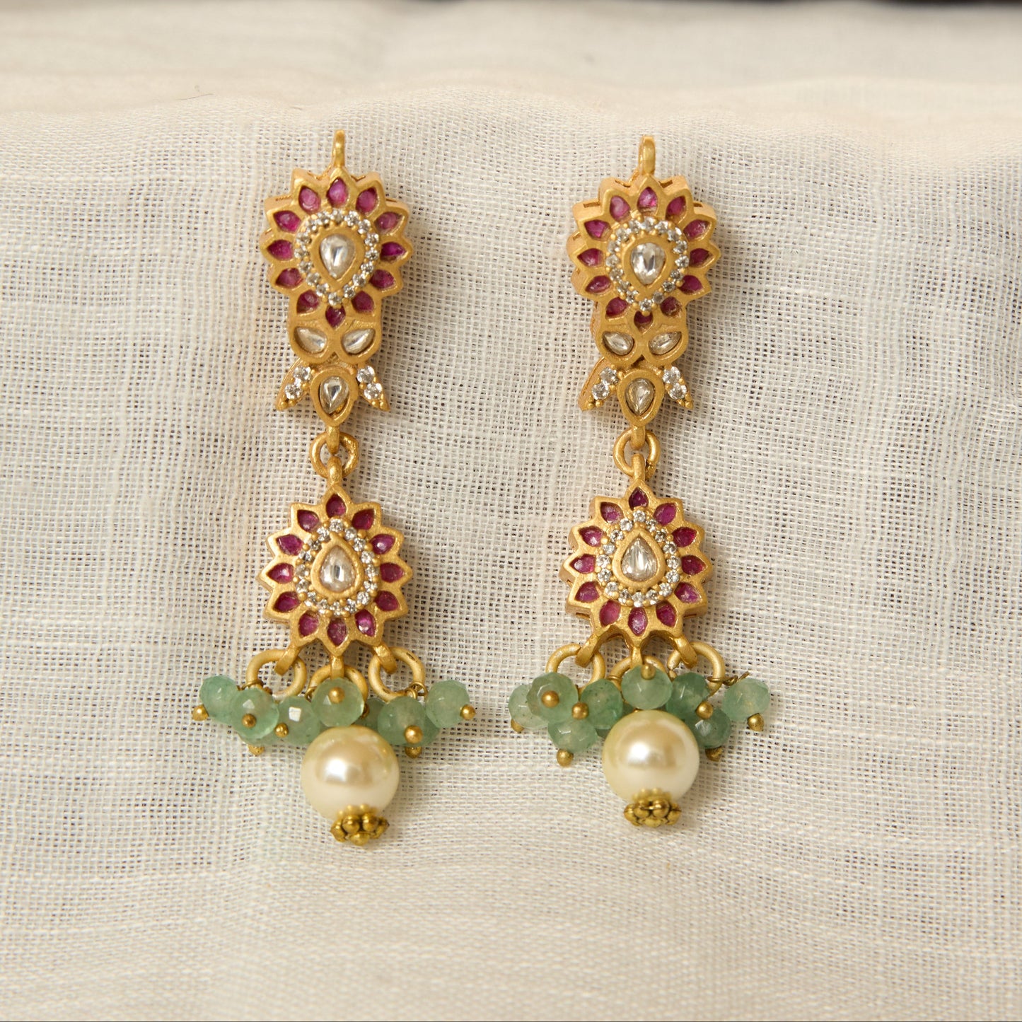 Matte Gold Finish Ruby Kundan Sunburst Drop Earrings