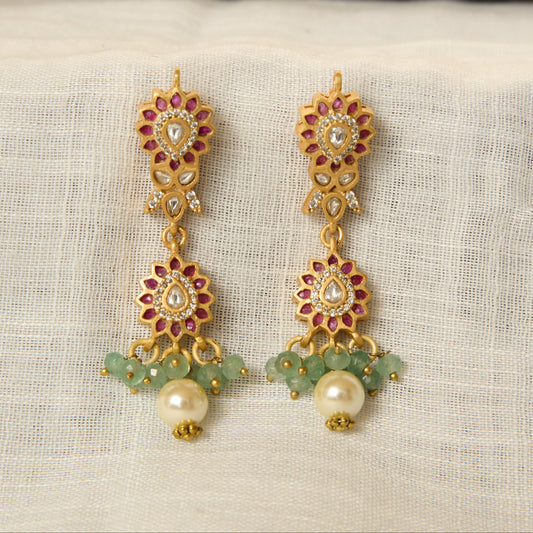 Matte Gold Finish Ruby Kundan Sunburst Drop Earrings