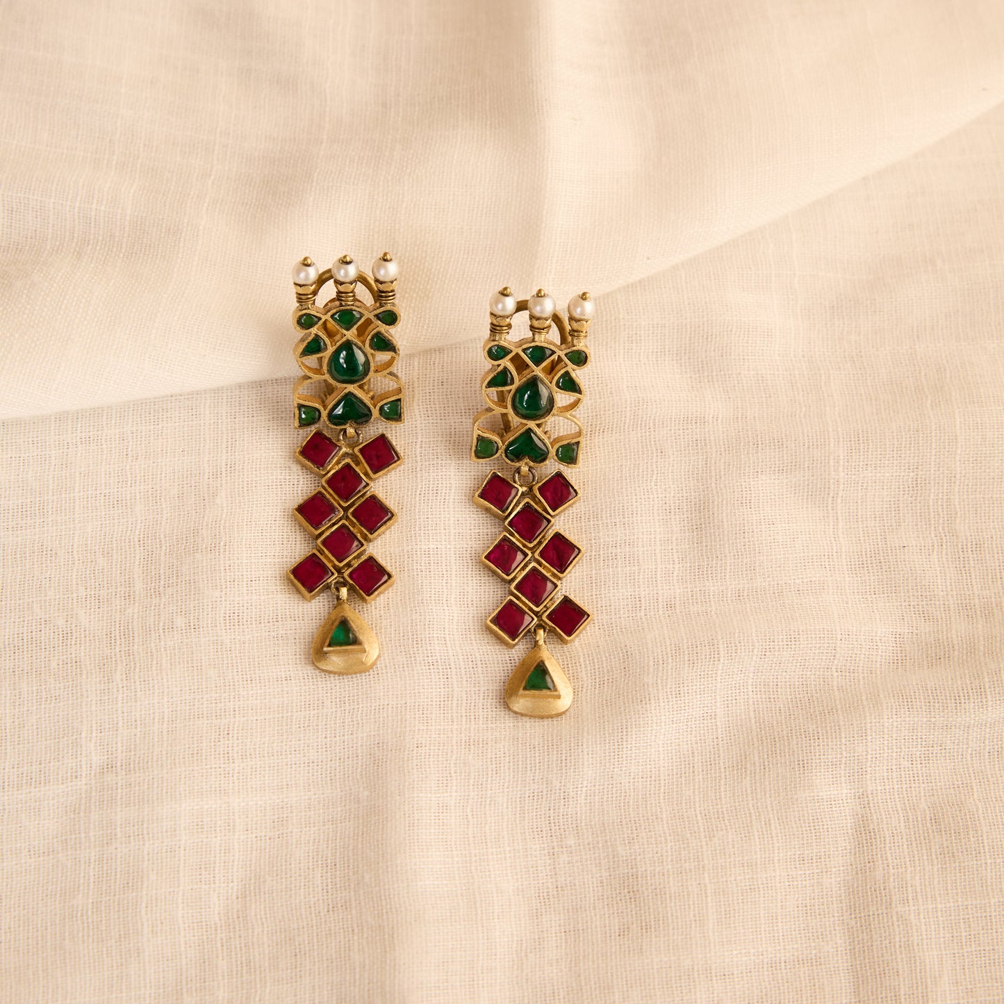 Ruby Emerald Kundan Drop Earrings