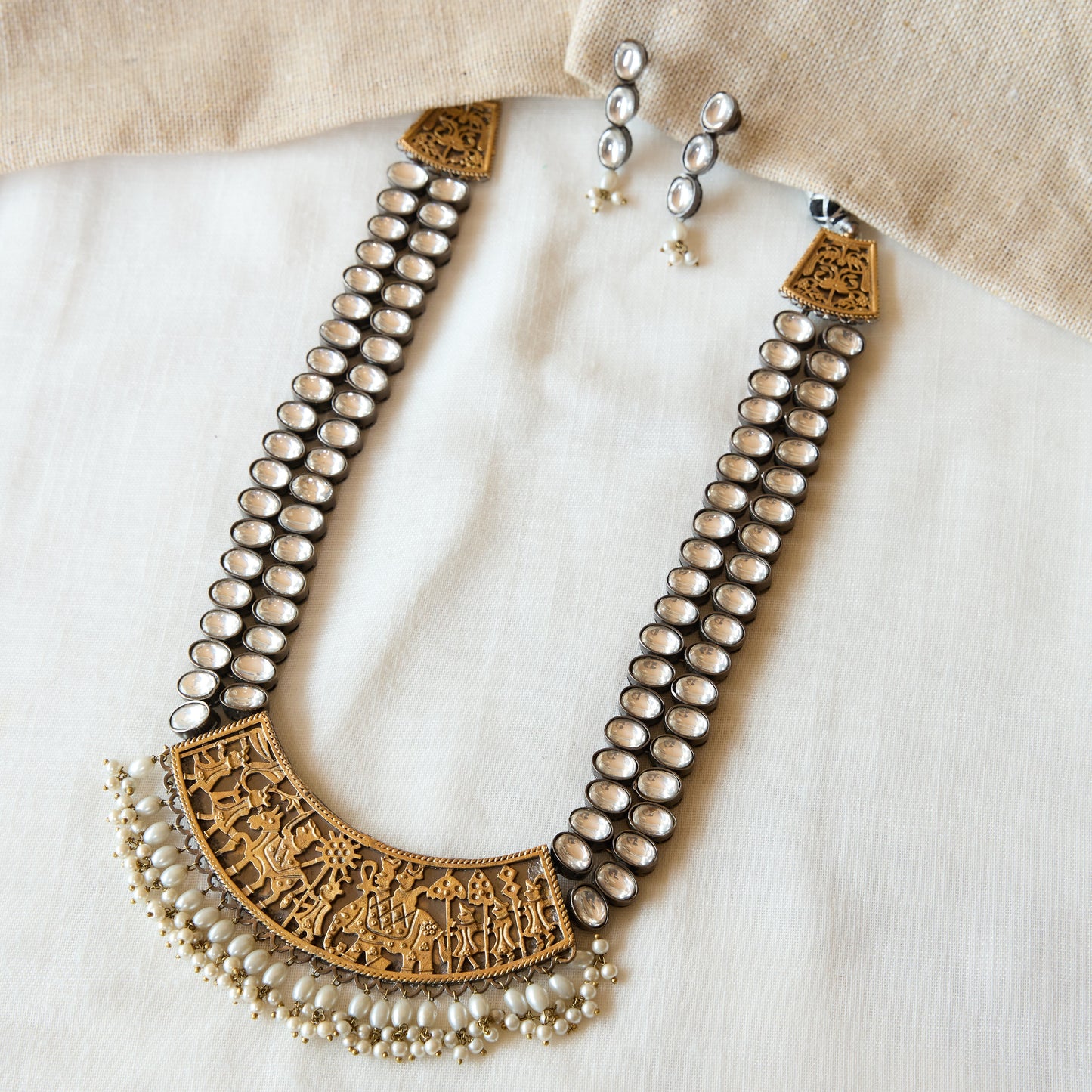 Antique Gold Polki Temple Long Necklace Set