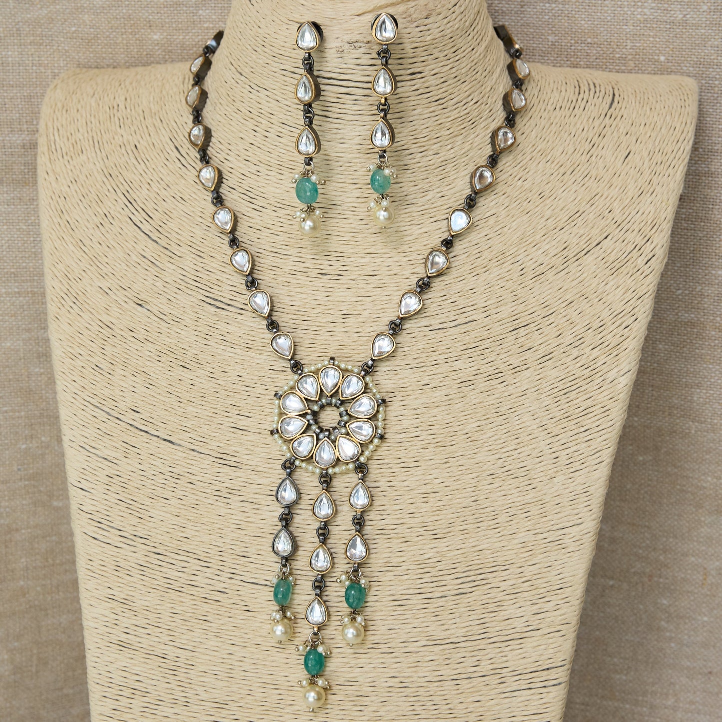 Oxidised Polki Statement Necklace and Earrings Set