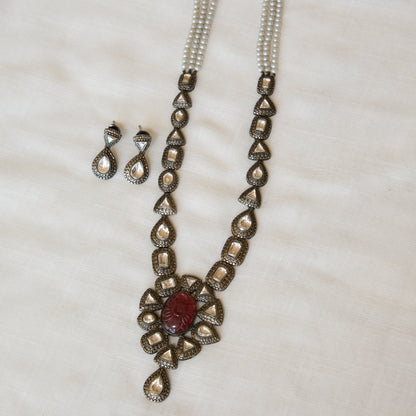 Carved Ruby Polki Pendant Vintage Necklace Set