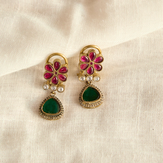 Ruby Floral Emerald Drop Earrings
