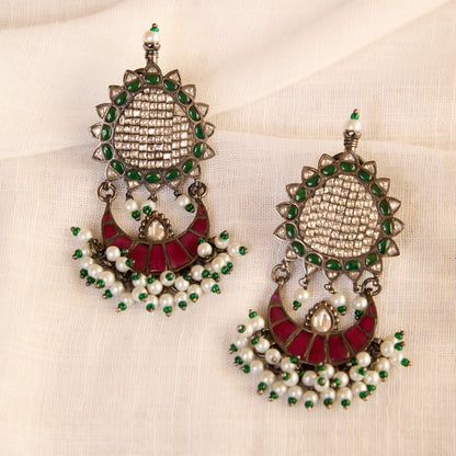 Ruby Crescent Polki Pearl Fringe Earrings