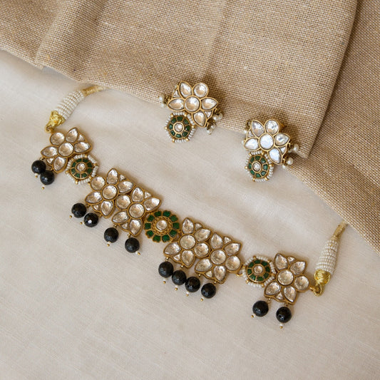 Floral Polki Choker Necklace and Earrings Set with Blue Bead Drops