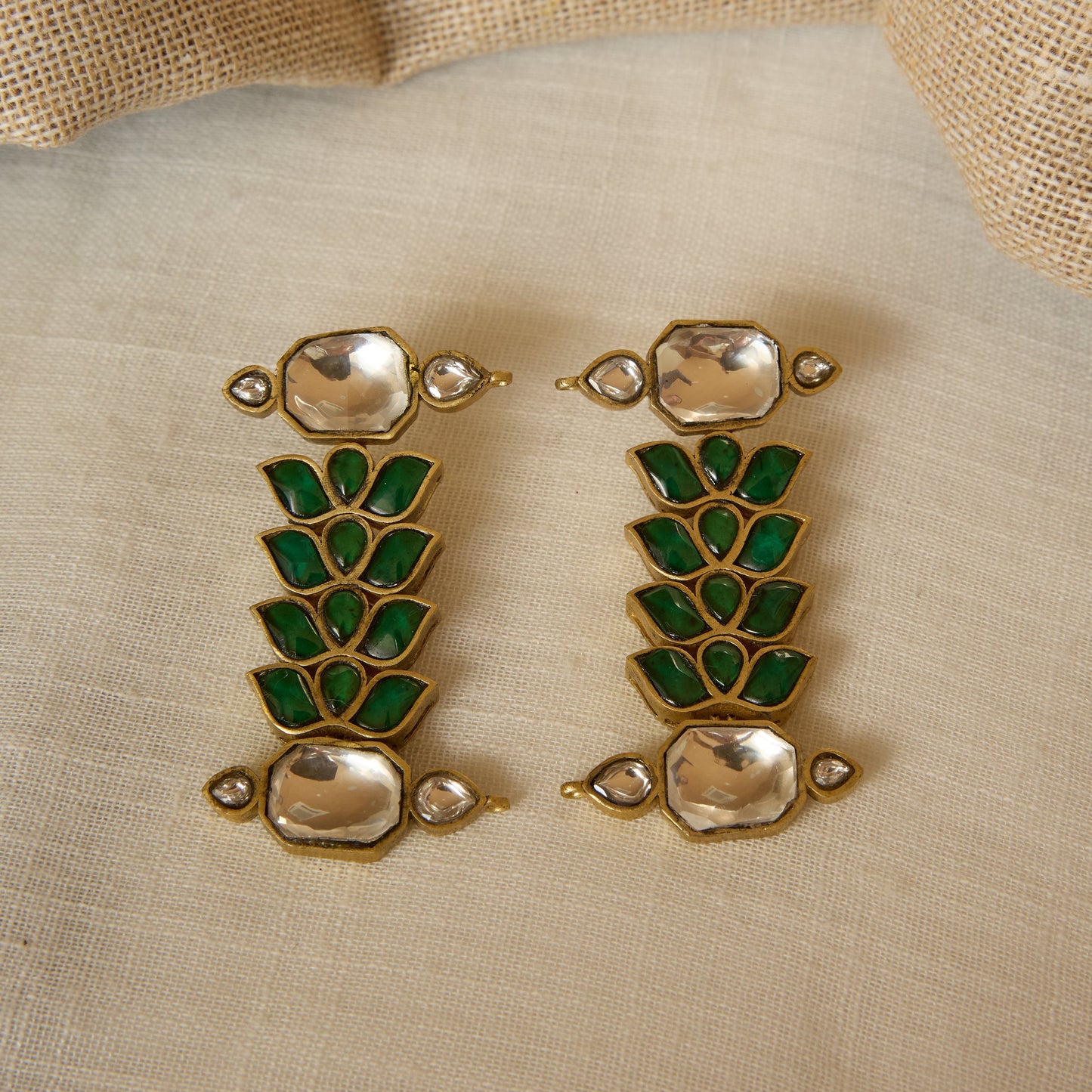 Dull Gold Finish Polki and Green Enamel Stone Earrings