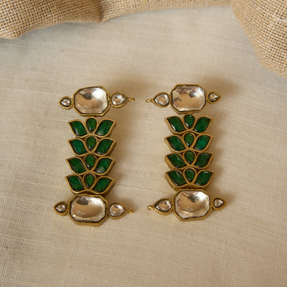 Dull Gold Finish Polki and Green Enamel Stone Earrings