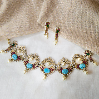 Peacock Motif Polki Turquoise Statement Necklace Set