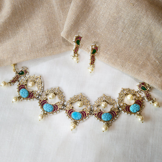 Peacock Motif Polki Turquoise Statement Necklace Set