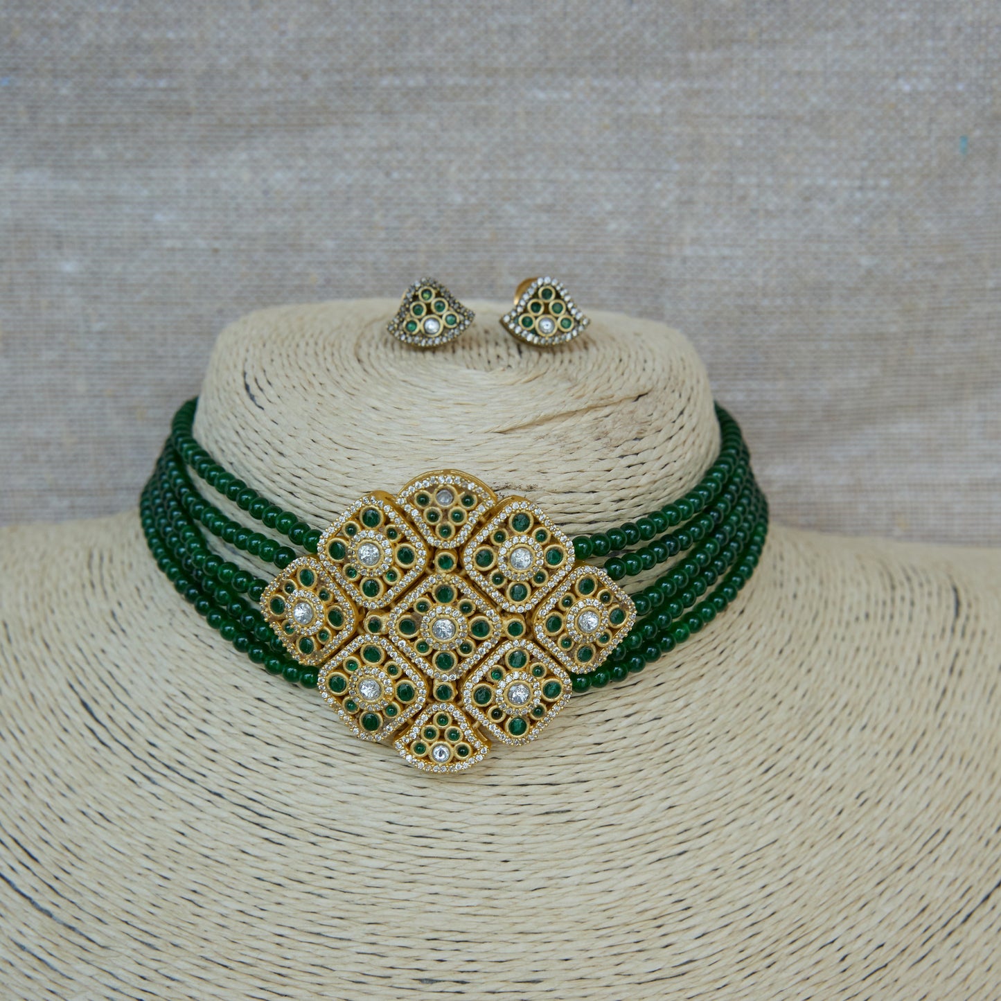 Green Beaded Polki Mosaic Choker Necklace Set