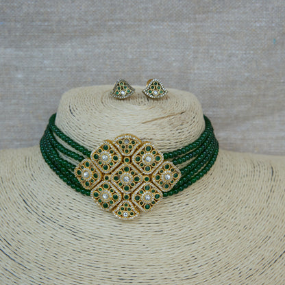 Green Beaded Polki Mosaic Choker Necklace Set