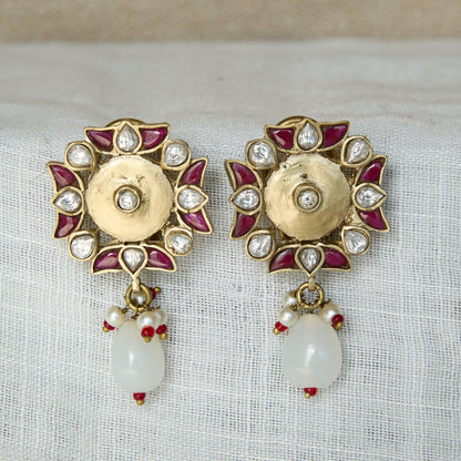 Antique Gold Finish Ruby Polki Halo Drop Earrings