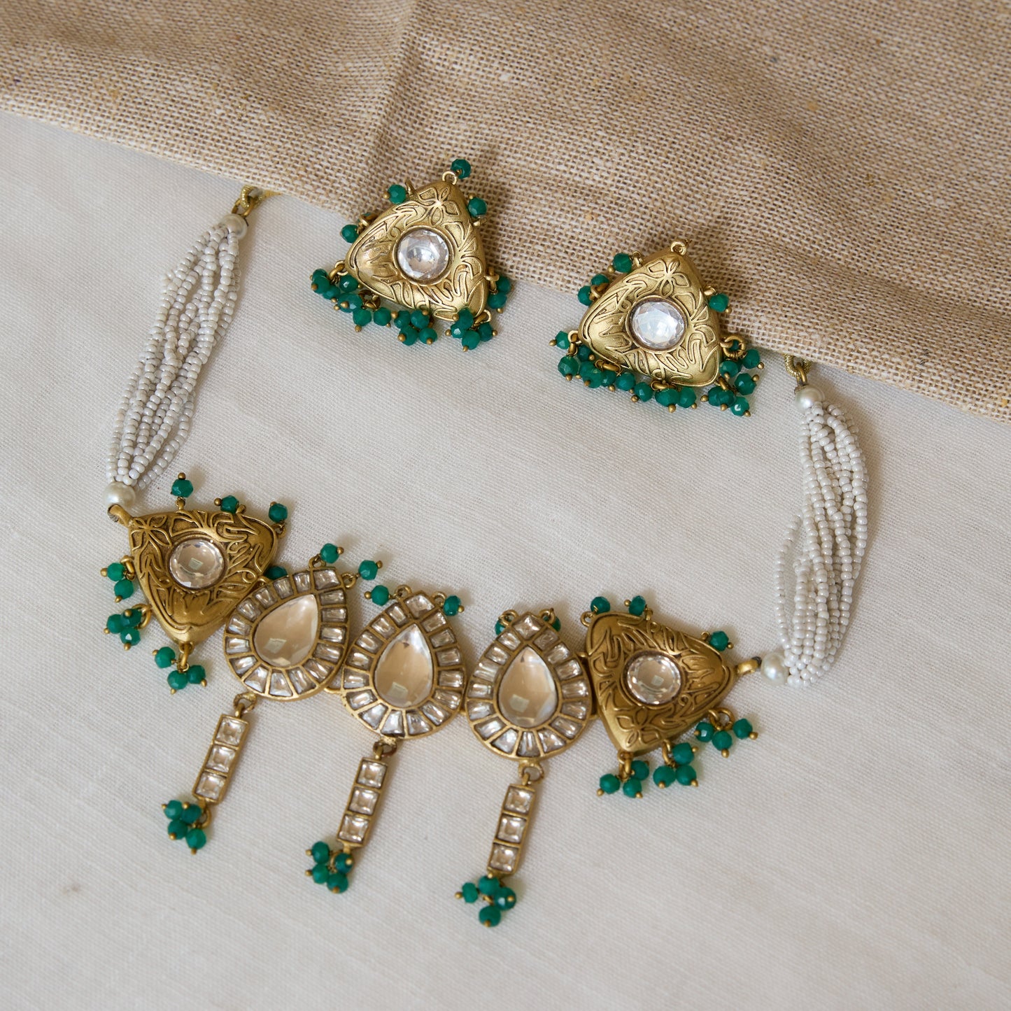 Temple Carved Polki Statement Necklace and Earrings Set