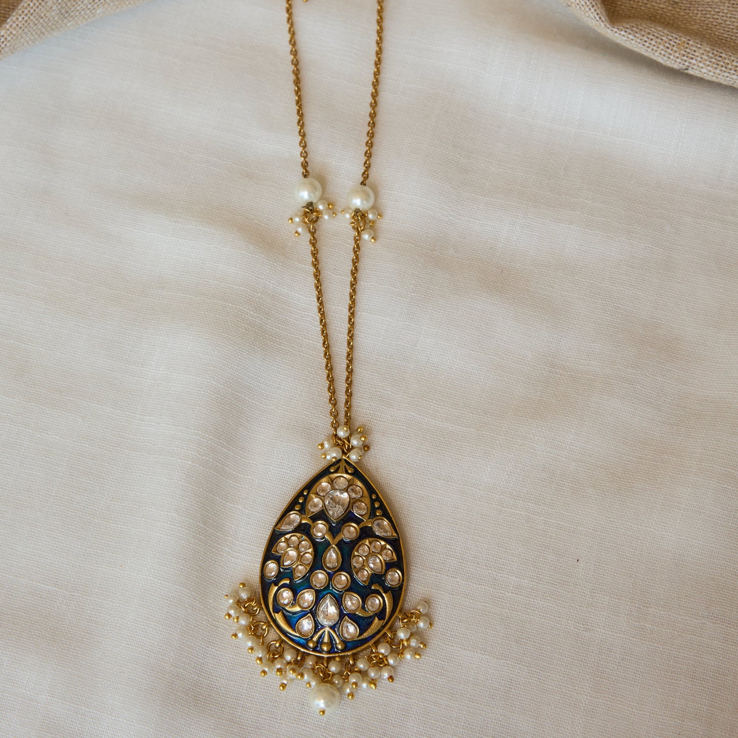 Blue Enamel Polki Pendant Necklace