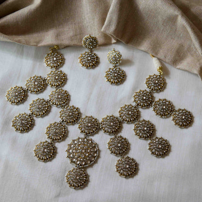 Antique Gold Polki Sunburst Drop Necklace Set