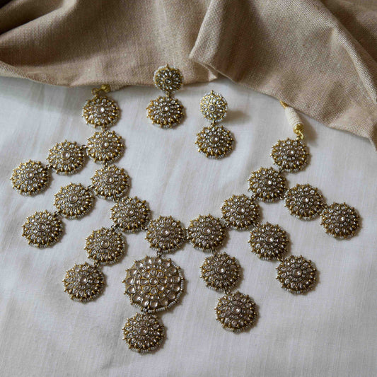 Antique Gold Polki Sunburst Drop Necklace Set
