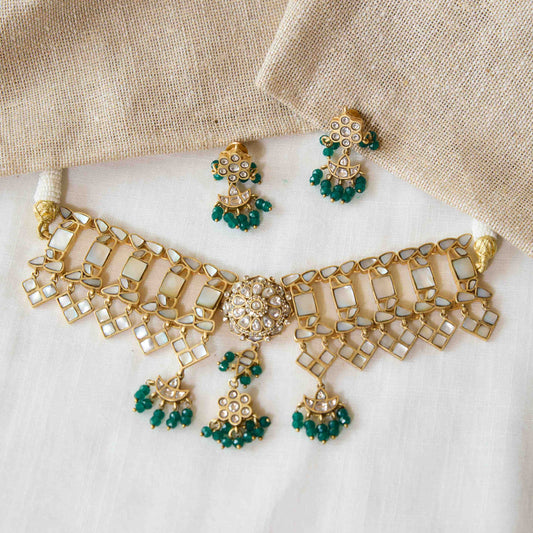Mother of Pearl Emerald Drop Geometric Choker Set