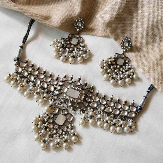 Oxidised Polki Pearl Fringe Choker Set