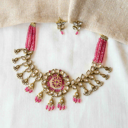 Pink Beaded Polki Statement Necklace Set