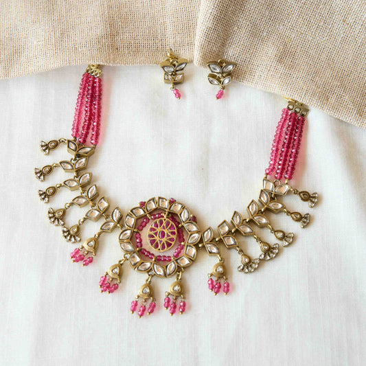 Pink Beaded Polki Statement Necklace Set