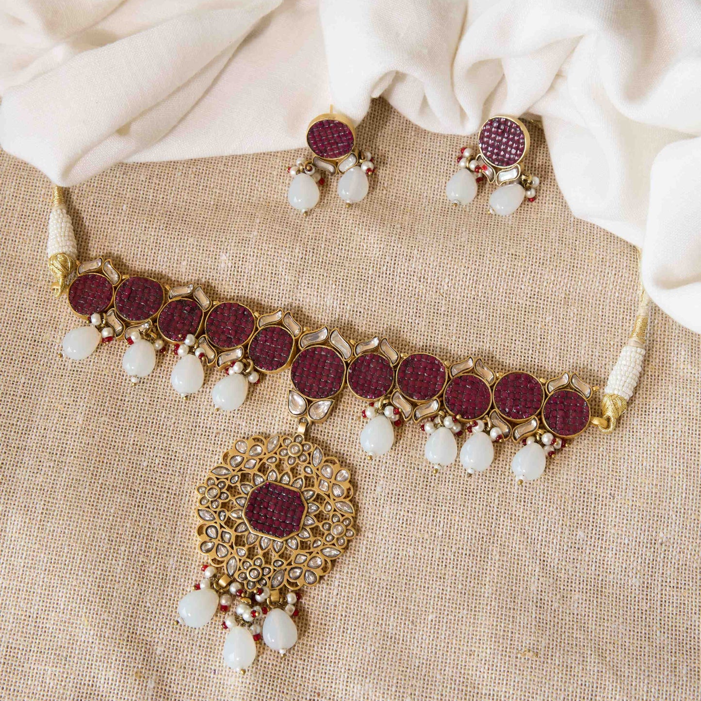 Ruby Polki Floral Cascade Necklace Set