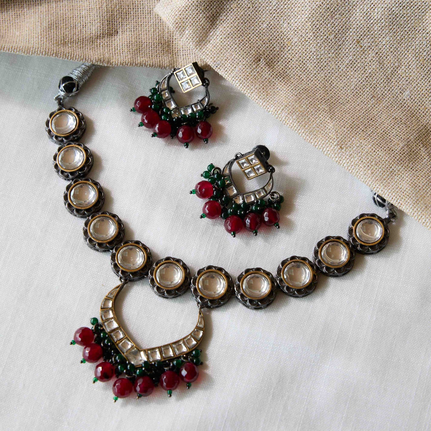 Antique Gold Kundan Red Bead Crescent Necklace Set
