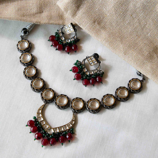 Antique Gold Kundan Red Bead Crescent Necklace Set